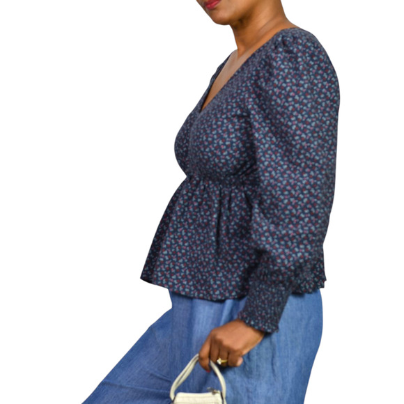 Madewell Tie Back Peplum Top Blue Daisies Floral Ditsy Micro Print Blouse Small - Picture 6 of 16